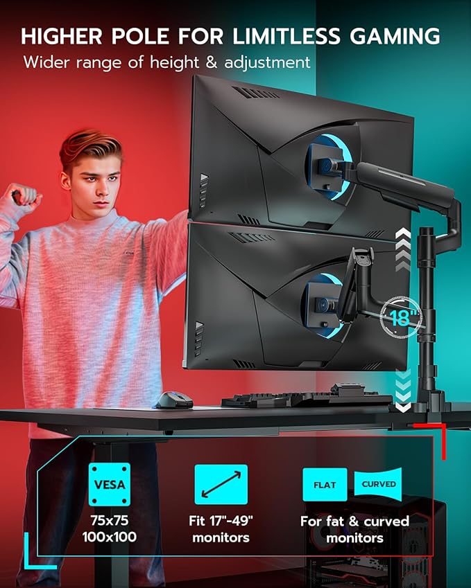 ARES WING Dual Monitor Mount for 17-49 Inch Ultrawide Heavy Duty Curved Screen Stacking, Computer Monitor Arm Desk Mount with USB, Gas Spring Adjustable Vesa Stand, Black