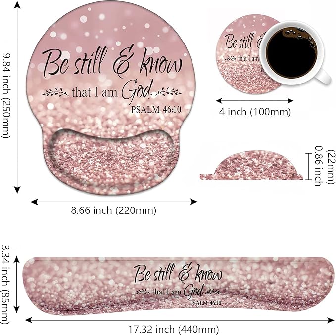 Keyboard Wrist Rest and Mouse Pad Wrist Rest Support Set with Coasters, Non-Slip PU Base for Gaming and Office, Comfortable & Lightweight for Easy Typing & Pain Relief - Quote Bible Verses Psalm 46:10