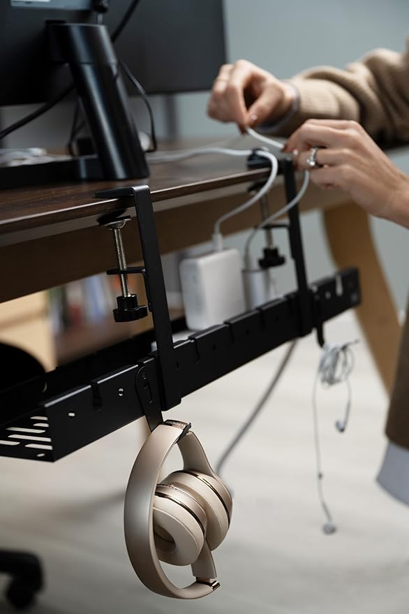 No Drill Under Desk Cable Management Tray - Extendable 16" to 31" Sturdy Steel Desk Cord Hider Raceway - Under Desk Cable Tray Holder with 38 Wire & Cable Rack Organizer Accessories - Black