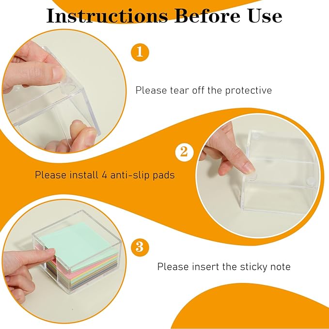 Clear Sticky Note Holder, Sticky Note Dispenser with Non-Slip Pad, Acrylic Desk Accessories, Aesthetic Office Supplies Organizer for Home Office Dorm Room (3.35 × 3.35 × 1.77 Inches)
