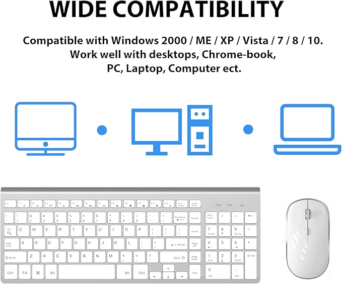 Wireless Keyboard Mouse, JOYACCES 2.4G Compact and Ultra Slim Wireless Keyboard and Mouse for Windows, Computer, Desktop, PC, Laptop-Sliver