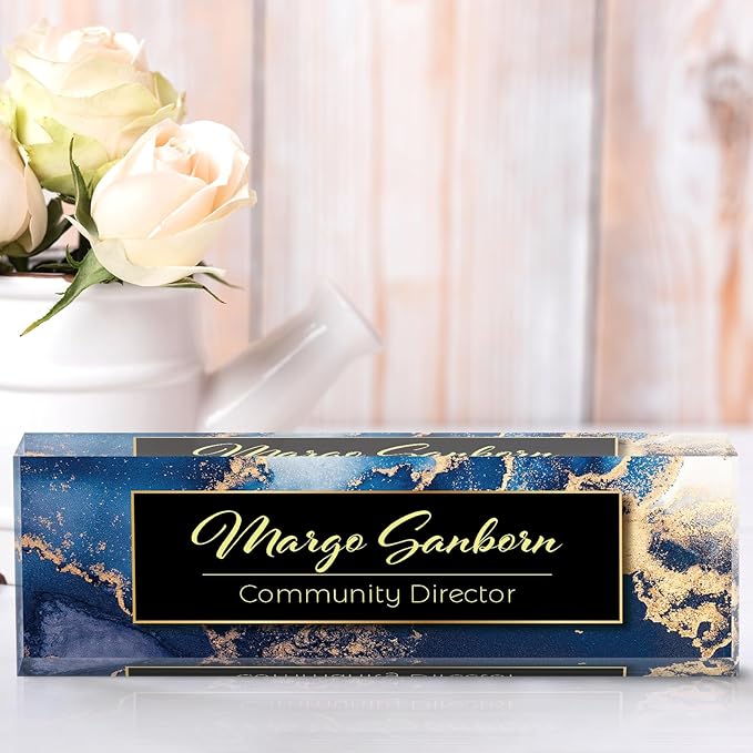 Personalized Name Plate for Desk Custom Acrylic Desk Name Plate Custom Employee Appreciation Gifts Office Gifts for Women, Men, Boss, Coworkers, Teacher, Nurse (A-Blue Marble)