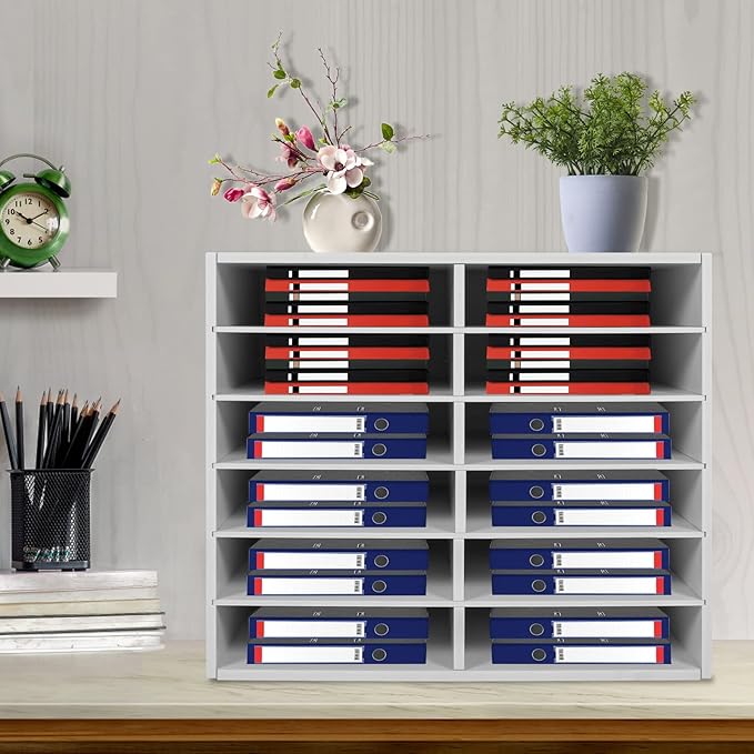 Literature Organizer Sorter for Desk, 12 Slots Adjustable File Sorter Mail Organizer, Paper Sorter Organizer, Open Design Paper Storage Mailbox for Office School Classroom, White