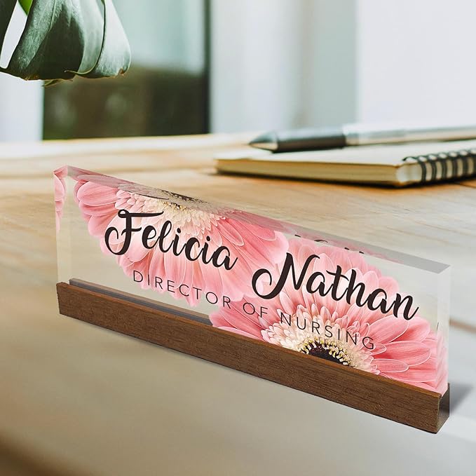 Artblox Personalized Office Desk Name Plate and Business Card Holder | Clear Acrylic Glass with Teak Wood Stand | Pink Daises Design Customized with Your Name and Credentials Office Desk Decor