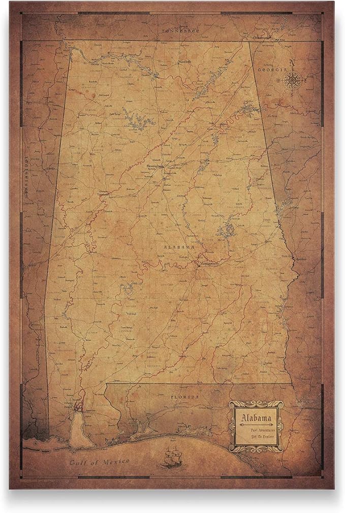 Conquest Maps Push Pin Alabama Map Board - With Push Pins to Mark Alabama Travels - Handmade in Ohio, USA - Design: Golden Aged
