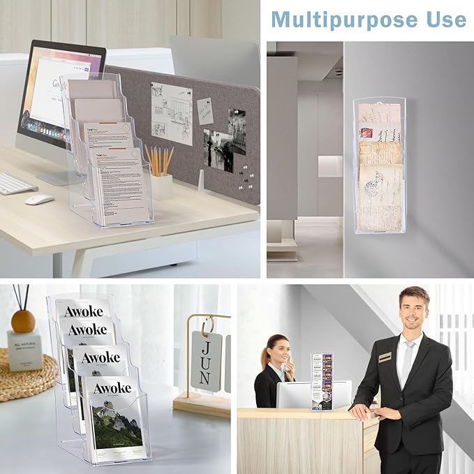 Acrylic Brochure Holder 4 x 9 Inches, 4 Tier Magazine Holder Brochure Display Stand, Clear Pamphlet Flyer Holder, Literature Booklet Holder for Countertop or Wall Mount Use, 2 Pack