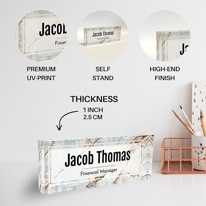 Customized Clear Acrylic Thick 8x3" Desk Name Plate Block with Personalized Logo - Professional Office Decor - Customized Acrylic Plate Gift for Teacher Co-workers, Christmas Gifts for Her, Thanksgiving Gifts (Beige Marble)