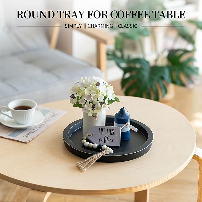Hanobe Candle Plate Holder Tray: Round Wooden Decorative Candle Plate Small Farmhouse Table Centerpiece Rustic Wood Tealight Pillar Trays for Christmas Wedding Halloween Home Decor (Black)
