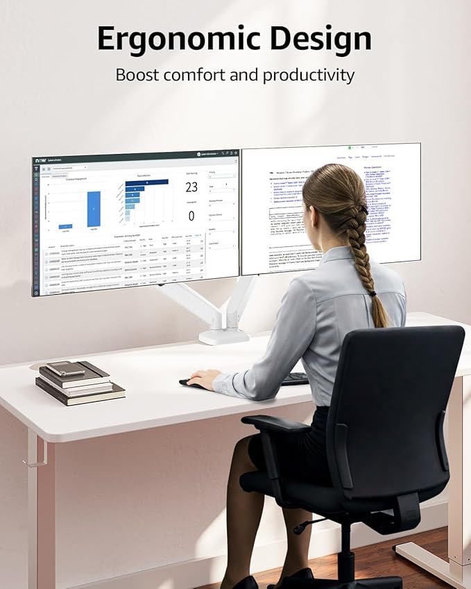 MOUNTUP Dual Monitor Stand for Desk, Monitor Arms for 2 Monitors Max 32 Inches, Height Adjustable Double Monitor Mount, VESA Mount with C-Clamp & Grommet Base, Holds 4.4-17.6lbs, White