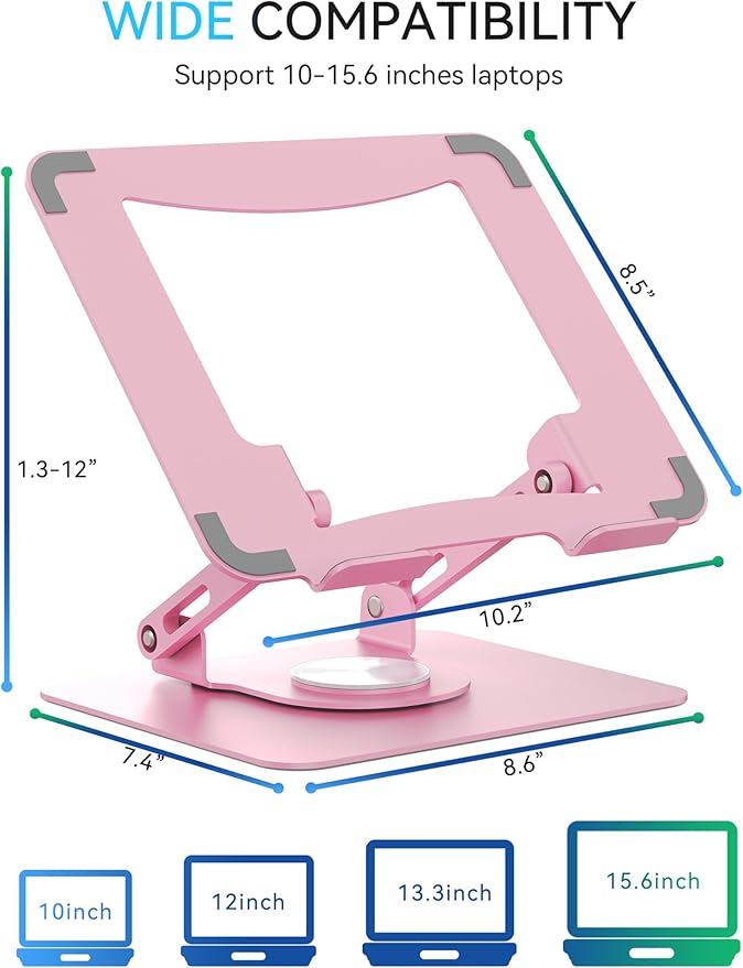 SOUNDANCE Laptop Stand with 360° Rotating Base, Ergonomic Computer Riser for Desk, Adjutable Height Muti-Angle, Foldable Laptop Mount, Stable Metal Holder Support 10-15.6" Notebook PC, Pink
