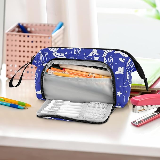 Western Cowboy Blue Pencil Case Pouch Big Capacity Pencil Bag Box Organizer Pen Case with Handle Pencil Cases for Girls Boys Women Kids Adults School