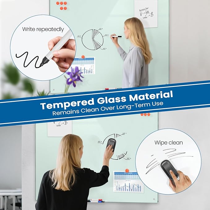 Large Glass Whiteboard, Enhanced Magnetism Glass Dry Erase Board for Wall, 48" x 36" Magnetic Tempered Glass Board, 4' x 3' Big White Board for Home, Office, School