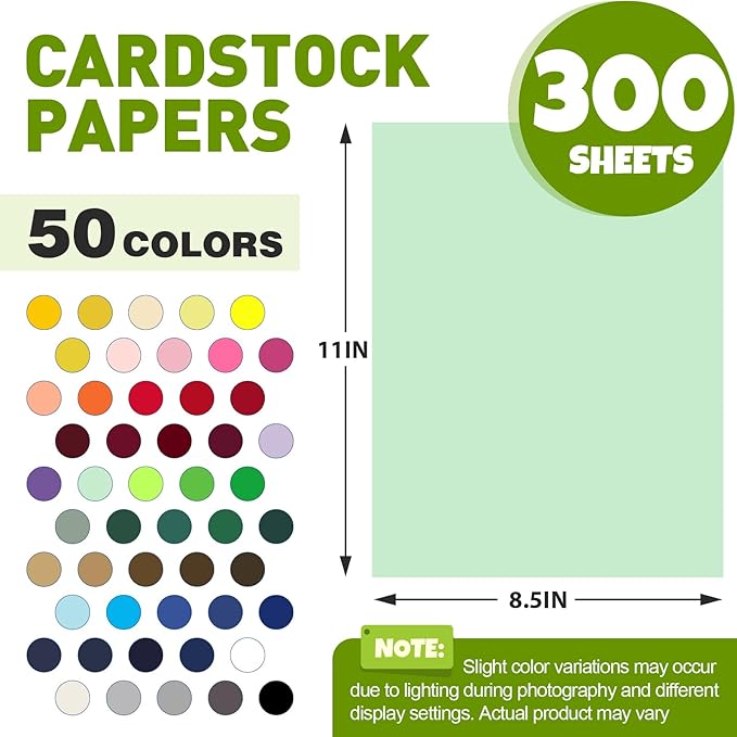 300 Sheets 8.5" X 11" Colored Cardstock, 50 Assorted Colors 230GSM/85LB Construction Paper Card Stock Printer Paper for Printing, Card Making, DIY Crafts, Kids School Supplies,Party Decorations