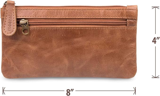Moonster Leather Pencil Case Pouch 8" x 4" - Leather Pen Case with Zipper