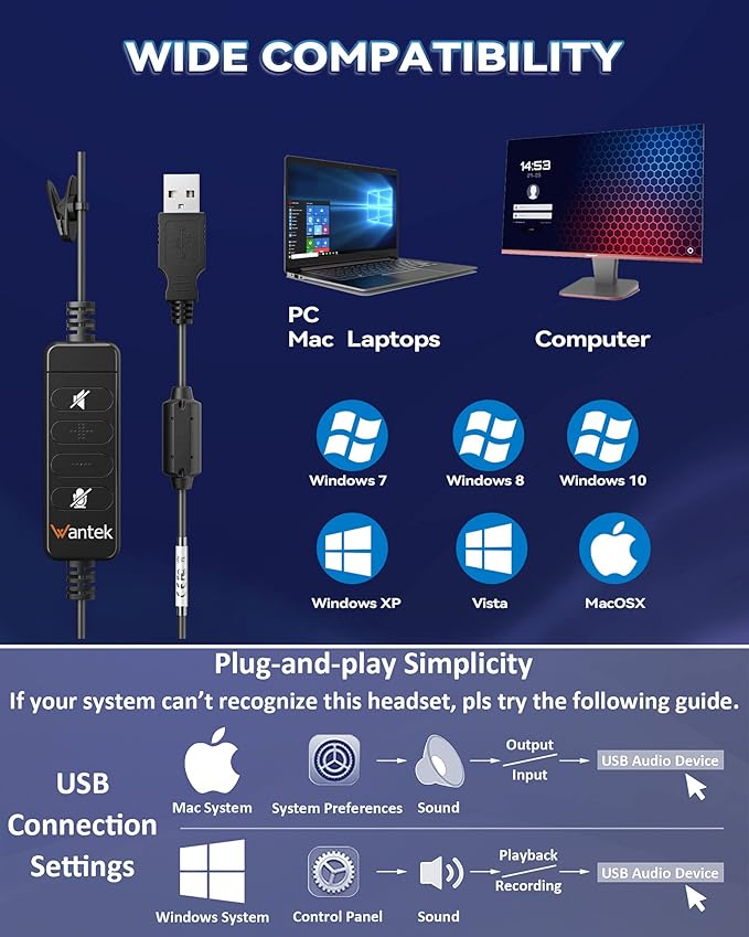 Wantek Corded USB Headset with Microphone Noise Cancelling & in-line Controls, Computer Headphones for Laptop PC Skype Zoom Webinar Classroom Home Office Business, Clear Chat, Ultra Comfort(UC602)