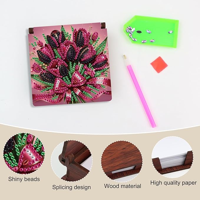 Wooden DIY Tulip Bouquet Diamond Art Notecard Box – DIY Gem Art Sticky Note Holder for Adults 160 Sheets Memo Pad Storage