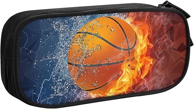 Basketball Pencil Case for Boys, Cool Sports Pencil Box with Print Water & Fire Pattern for Kids Teens, Personalized Pencil Holder with Zipper Pen Pouch Desk Organizer Travel Stationery Bag