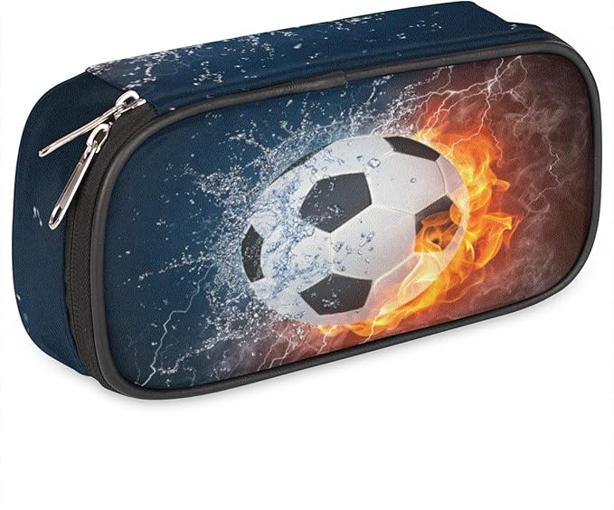 Pardick Soccer Big Capacity Pencil Pen Case Flame Soccer Large Pencil Pouch with Zipper Compartments Pencil Bag for Boys Girls Adults Student Office School Supplies