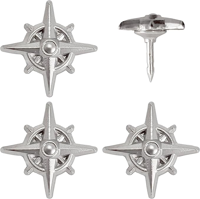 Compass Push Pins - Silver Metal Compass Rose Pins - for Cork Board, Maps, or Lapel Pin Use - Designed in USA - Set of 4