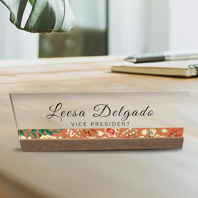 Artblox Personalized Office Desk Name Plate and Business Card Holder | Clear Acrylic Glass with Teak Wood Stand | Flower Stripe Design Customized with Your Name and Credentials Office Desk Décor