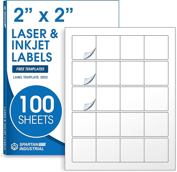 2" X 2" Square Printable Labels for Inkjet and Laser Printers - 100 Sheets, 2000 Matte White Custom Stickers for Business Logos, QR Code Stickers, Product Labeling - Spartan Industrial Template S002