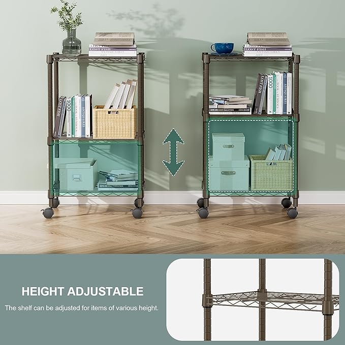 3 Tier Shelf Metal Storage Shelves Wire Rack Closet Organizers with Wheel for Garage Kitchen Bathroom Laundry Brown 11.8" D x 17.7" W x 29.8" H