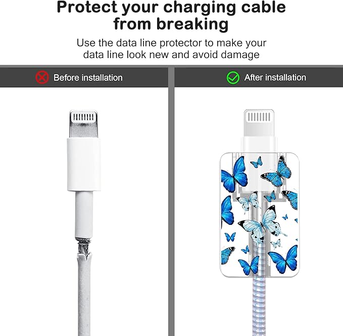 Cute Protectors Cable Protector for iPhone Charger Case Cover Pretty Elegant Blue Butterflies Pattern Unique Design Data Cable Phone Charger Data Line Wire Saver for iPhone 14 13 12 11 Pro