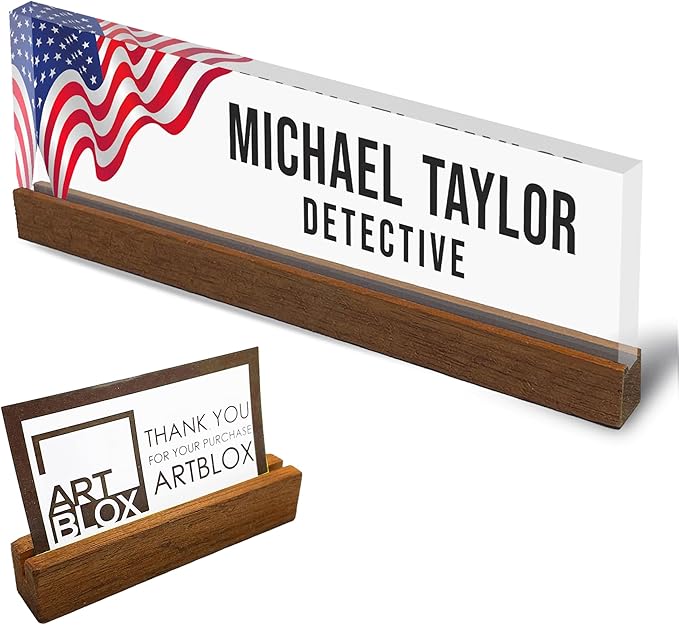 Artblox Personalized Office Desk Name Plate With Business Card Holder | Clear Acrylic Glass with Teak Wood Stand | Us Flag Design Customized with Your Name and Credentials Office Desk Décor