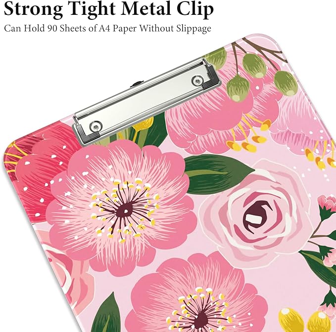 Rimilak Plastic Clipboards with Metal Clip, A4 Letter Size 9 x 12.5 in, Office Decorative for Students Women Men and Kids, Cute Custom Pattern, Pink Flower