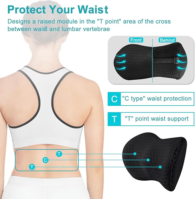 Lumbar Support Pillow, Memory Foam pad is Used to Relieve Lower Back Pain, which can be Easily Fixed with Bandages (Black) in The Back of Office Chairs, Cars, beds and Other Places…, CY0045
