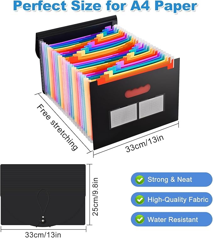 Accordion File Organizer, Expanding File Folders, 25 Pockets Bill Receipt Organizer with Colorful Tabs, Desktop Folders Letter A4 Paper Document Storage for Home Office