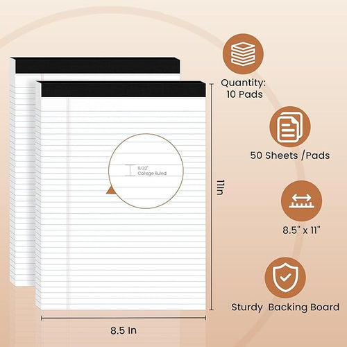 10Packs Legal Pads 8.5 x 11 Inch, 50Sheets/Pack, College Ruled & Perforated White Writing Pads, Pads of Paper 8.5 x 11, Lined Note Pads with Sturdy Backing for Office, Business & School Supplies