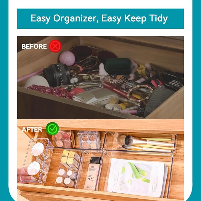 Voova 6 Pack Plastic Drawer Organizers Set,3-Size Kitchen and Office Desk Drawer Organizer Trays, Acrylic Non Slip Storage Bin Divider for Makeup,Jewelry,Gadgets Utensils,Bedroom,Bathroom Vanity,Clear