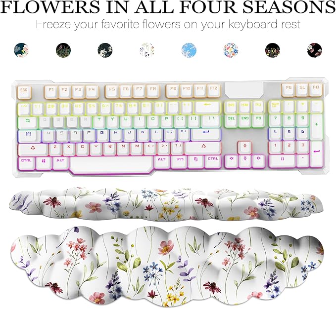 JIKIOU JIKIOU Cloud Wrist Rest Keyboard, Cloud Keyboard Wrist Pad Set with Comfortable Cloth, Cute Arm Rest for Palm Support, PC/Gaming Desk Accessories/Office Setup/Computer White Flowers