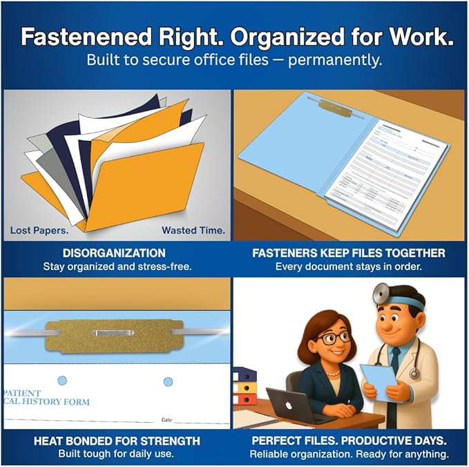 Blue File Folders, USA Made, Doctor Stuff, Two 2" Bonded Fasteners, Durable 11pt, Reinforced End Tab File Folders with 2 Prongs, Colored Office & Medical Charts Patient Chart, Box of 50