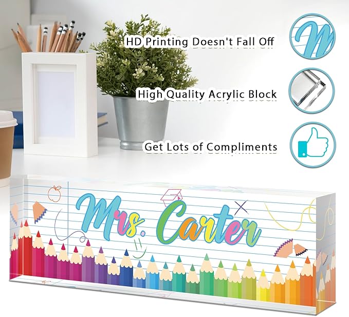 Teacher Office Name Plate for Desk Custom, Desk Name Plate Personalized, Teachers Office Desk Decor, Clear Acrylic Glass Block, Personalized Office Gifts for Teachers, Teacher Appreciation Gifts