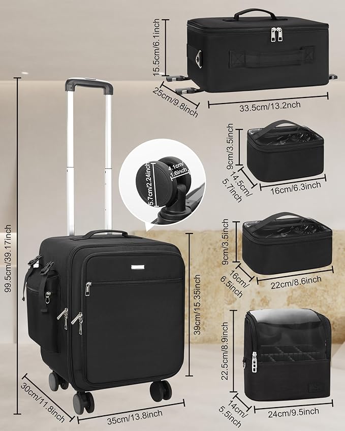 Relavel Rolling Makeup Case Professional Makeup Train Case,Makeup Artist Travel Bag with Wheels,8-in-1 Portable Travel Beauty Trolley Case for Cosmetology Storage(Black)
