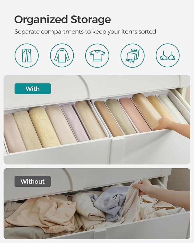 SONGMICS Set of 4 Large Size Wardrobe Clothes Organizers, 6-Compartment Foldable Drawer Organizers with Handles, 16.5 x 11.8 x 6.7 Inches, for Pants, Sweaters, Jeans, Cloud White URUS009W04