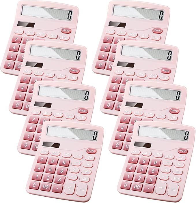 Konohan 8 Pieces 12-Digit Calculator, Solar Basic Desktop Calculator Large Display Electronic Dual Power Handheld for Home Office School(Pink)