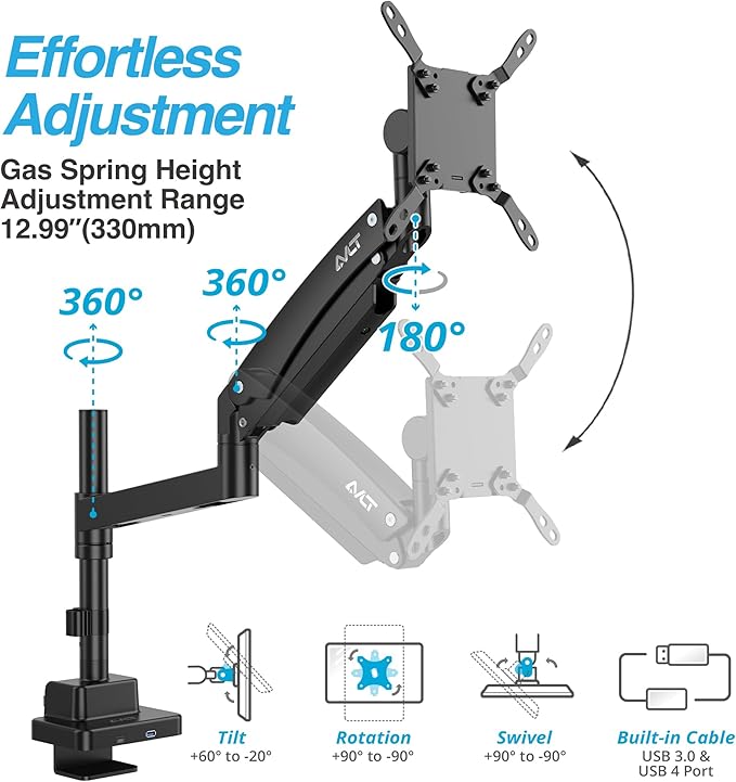 AVLT Single 57 Inch Heavy Duty Monitor Arm Pole Top Mount with USB-C USB-A Ports-Black, Height Adjustable, Easy Install Top C-Clamp/Grommet with Reinforcement Plates, VESA Compatible 200/100/75