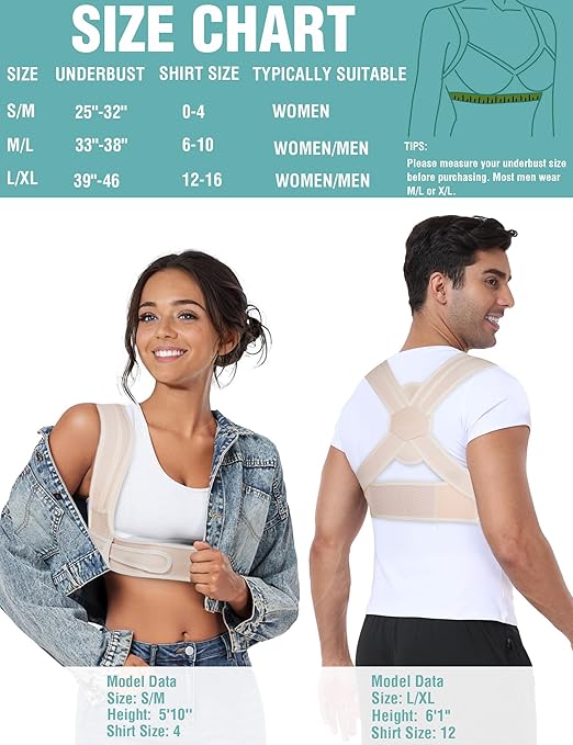 Posture Corrector for Women Men,BI-Straps Back Straightener - Bamboo Fiber Back Brace Posture Corrector - Instant Upper Back Pain Relief (Beige, M/L)
