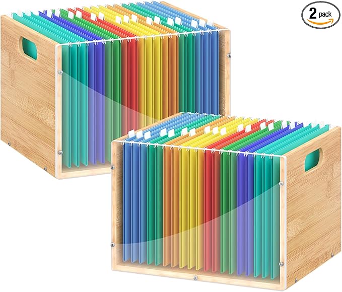 2 Pack Hanging File Organizer, Clear Acrylic File Box Organizer, Bamboo Filing Box File Crate Storage Boxes, Portable Filing Organizer with Handle for Letter Size