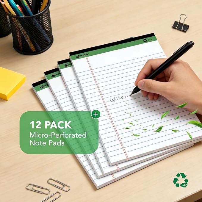 KAISA Legal Notepads 8.5"x11.75"，12pads 600 Sheets note pads Writing Pads Recycled Paper, Wide Ruled Perforated 50 sheets Hard Back Notepads 8-1/2"x 11-3/4" Writing Tablet Canary For Office Supplies (Pack of 12pc) KSU-5293