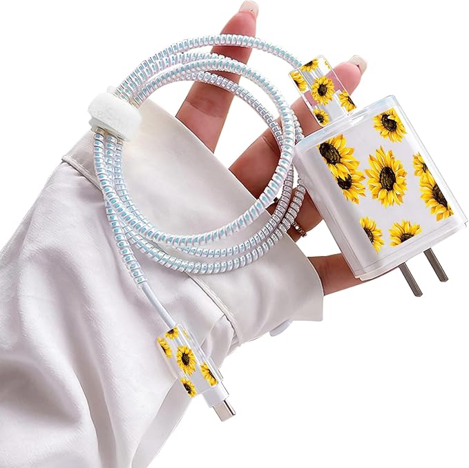 Cute Flowers DIY Protectors Cable Protector for iPhone Charger,Sunflower Pattern,Data Cable USB Charger Data Line Earphone Wire Saver for iPhone X 13 12 11 Pro Max
