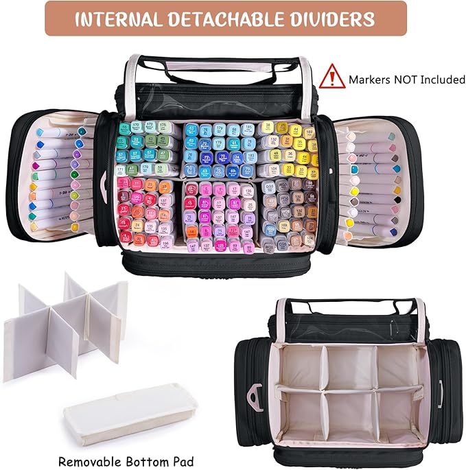 Marker Organizer Case Bag for 200-300 Markers – Large Art Supply Storage Bag with Detachable Dividers, Travel Marker Holder for Alcohol Markers, Brush Pens, Colored Pencils & Craft Supplies