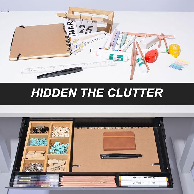 Large Under Desk Mounted Sliding Drawer with Bamboo Tray and 60 Degree Tilt Panel to Pull Out, 22'' Long & 13'' deep Large Storage Organizer for Sit Stand Workstation