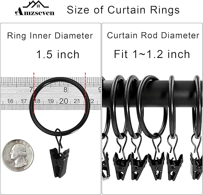 AMZSEVEN 100 Pack Metal Curtain Rings with Clips, Drapery Clips Hooks, Decorative Curtain Rod Clips 1.5 in Interior Diameter, Vintage Black