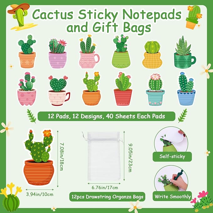 12 Sets Cactus Sticky Notes and Cactus Shaped Ballpoint Pens, Cute Self-Stick Notepads Plant Memo Pads for Office Supplies Party Favors, Christmas Gifts for Coworkers Teachers