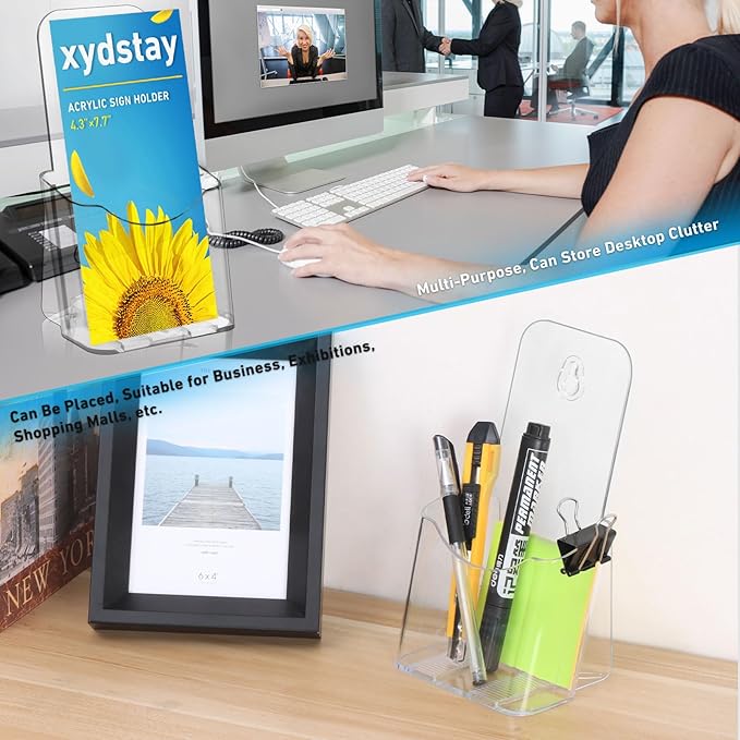 Brochure Holder 4x9 Inches Slant Back Design, Clear Display Stand, Plastic Table Stand Sign Holder,Pamphlet Holder Flyer Holder, Acrylic Display Stand, Acrylic Table Signs Plastic Paper Holder for Office, Home, Store, 4 Pack