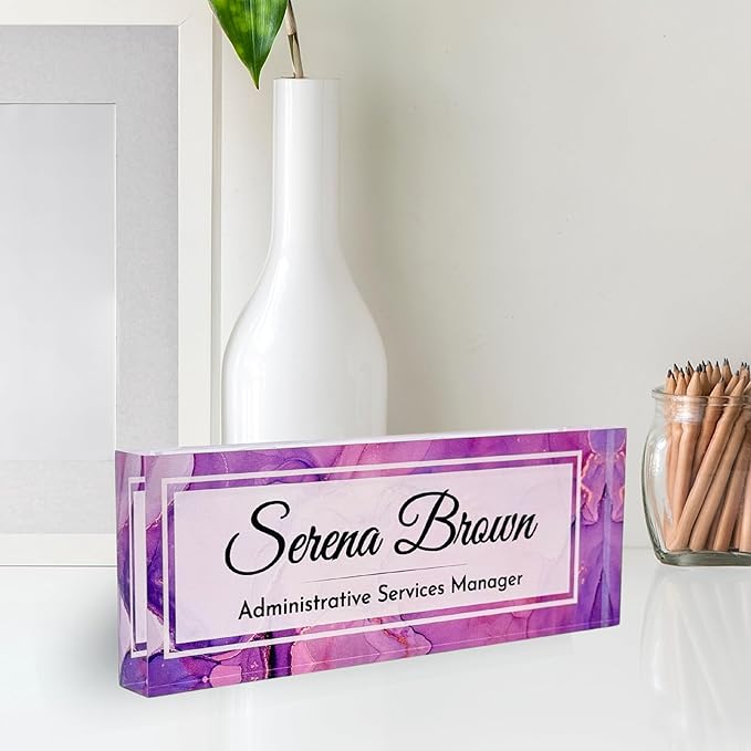 Customized Clear Acrylic Thick 8x3" Desk Name Plate Block with Personalized Logo - Professional Office Decor - Customized Acrylic Plate Gift for Teacher Co-workers, Christmas Gifts for Her, Thanksgiving Gifts (Purple Dream)